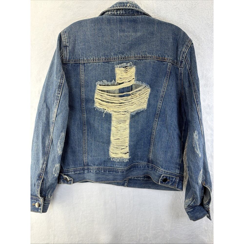 Denim Jean Jacket Mens M Distressed Studded Cross Festival Grunge Punk Rock Med